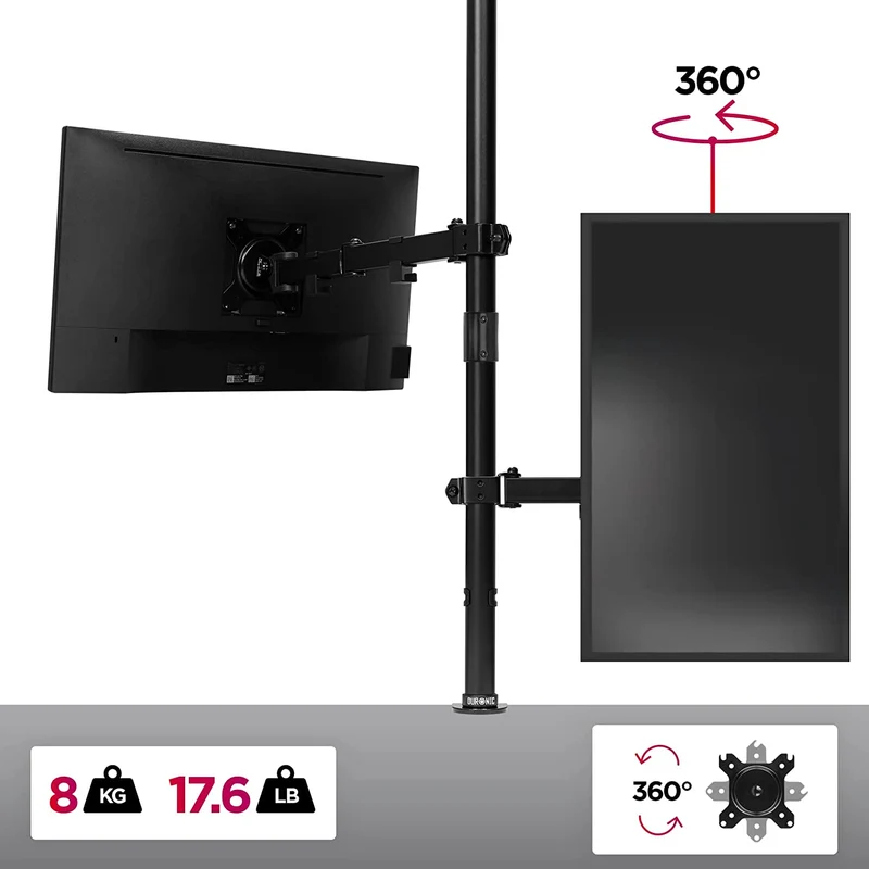 Duronic DMT151X3 BK Supporto da scrivania per monitor 1332 | 8 kg con braccio estensore | Altezza regolabile | Inclinazione -15°/+15°, rotazione 180°, rotazione 360°| VESA 75/100