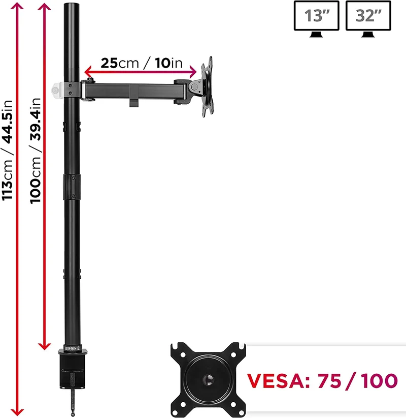 Duronic DMT151X2 BK Supporto da scrivania per monitor 13-32 | Per schermi fino a 8kg | Altezza regolabile | Staffa da 100 cm | Inclinazione -15°/+15°, rotazione 180°, rotazione 360°| VESA 75/100