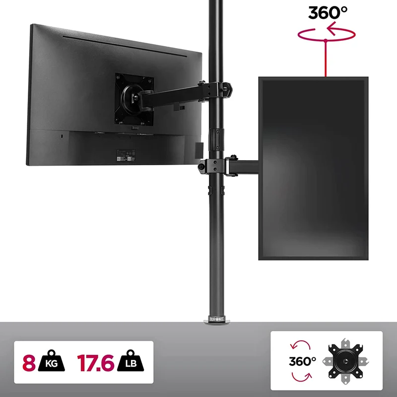 Duronic DMT151X2 BK Supporto da scrivania per monitor 13-32 | Per schermi fino a 8kg | Altezza regolabile | Staffa da 100 cm | Inclinazione -15°/+15°, rotazione 180°, rotazione 360°| VESA 75/100