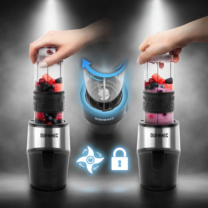 Duronic BL520 Mini frullatore elettrico 500W, Frullatore portatile con 2 borracce da 570ml e 400ml senza BPA, Blender compatto portatile, Frullatore per smoothie, cocktail, cibo per bebe, frullati