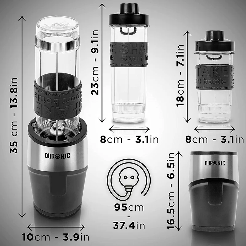 Duronic BL520 Mini frullatore elettrico 500W, Frullatore portatile con 2 borracce da 570ml e 400ml senza BPA, Blender compatto portatile, Frullatore per smoothie, cocktail, cibo per bebe, frullati