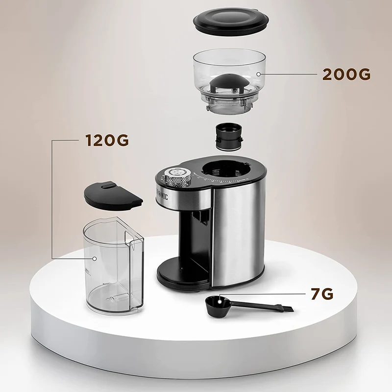 Duronic BG200 Macinacaffè elettrico con cono | Macinino per caffè 200W | 35 Opzioni di macinatura | Contenitore per chicchi 200g | Contenitore caffè 120g | Incluso misurino con pennello per pulizia