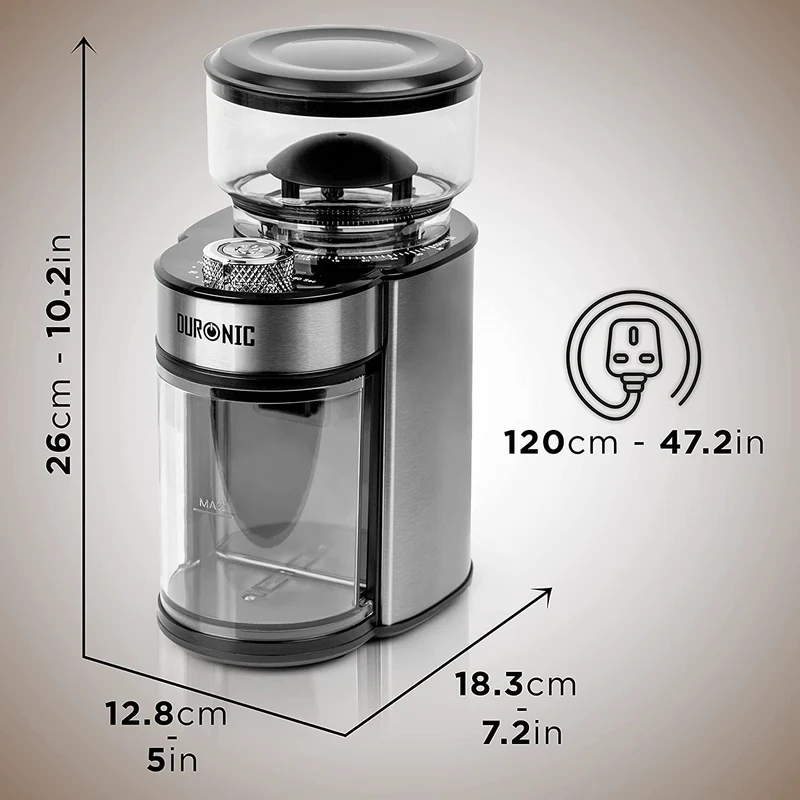 Duronic BG200 Macinacaffè elettrico con cono | Macinino per caffè 200W | 35 Opzioni di macinatura | Contenitore per chicchi 200g | Contenitore caffè 120g | Incluso misurino con pennello per pulizia