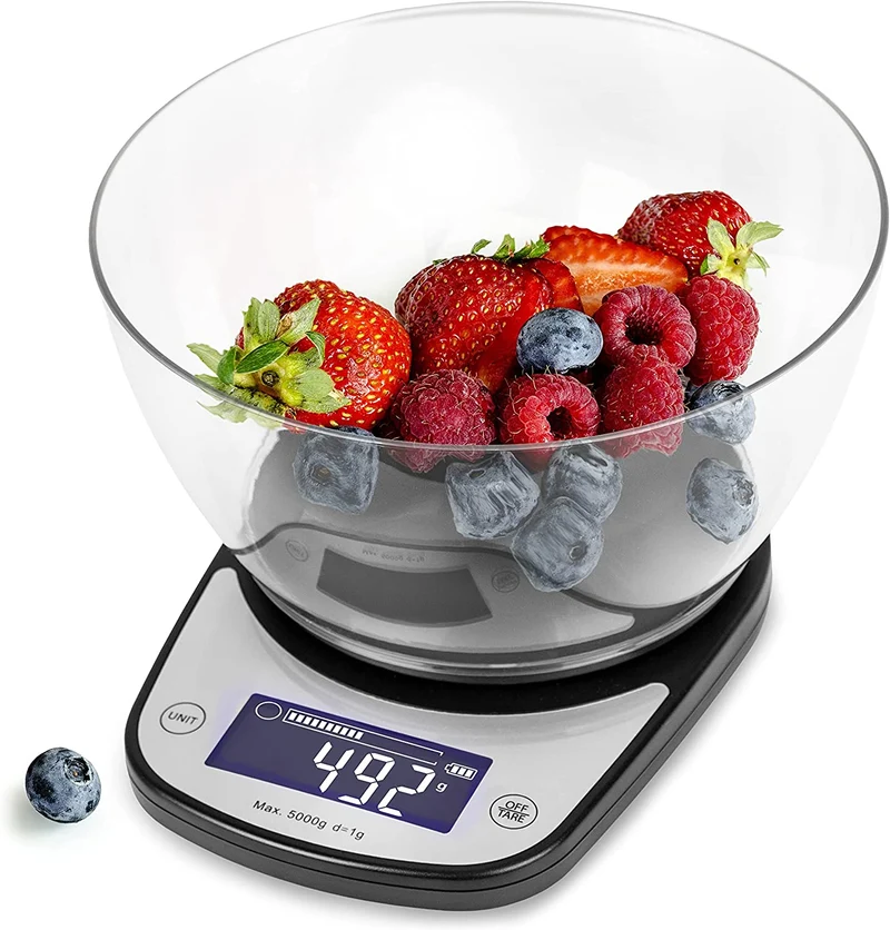 Duronic KS5000 BK/CR Bilancia da cucina digitale | Portata da 1g a 5kg | Ciotola 1,7L | Grande display retroilluminato | Funzione Tara | Bilancia ad alta precisione nera | Per cucina e pasticceria