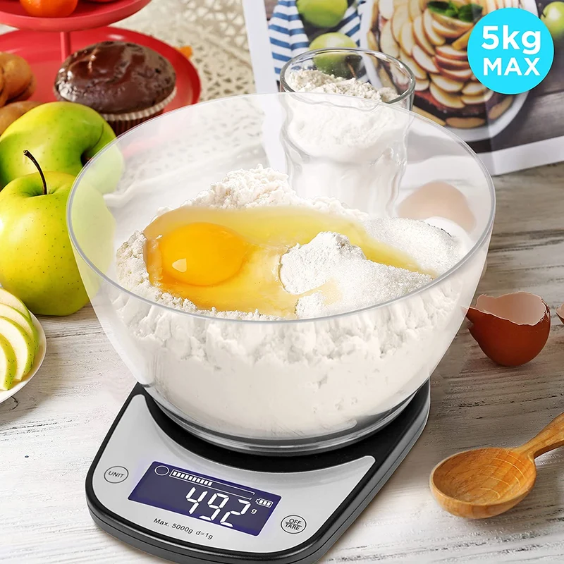 Duronic KS5000 BK/CR Bilancia da cucina digitale | Portata da 1g a 5kg | Ciotola 1,7L | Grande display retroilluminato | Funzione Tara | Bilancia ad alta precisione nera | Per cucina e pasticceria