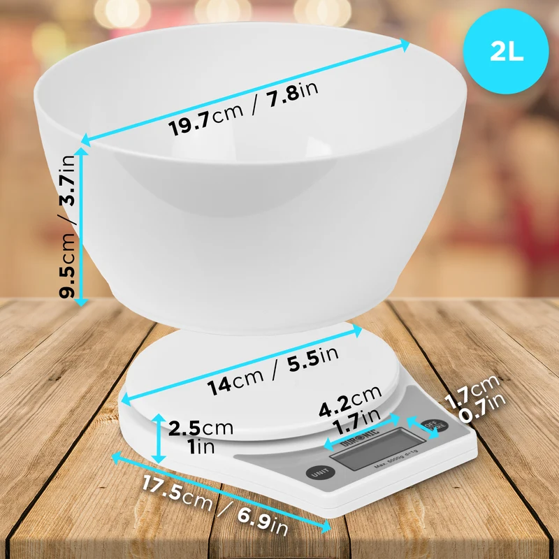 Duronic KS6000 WH/WH Bilancia da cucina - Bilancia ad alta precisione con display LCD retro illuminato - Portata 1g / 5 kg con ciotola bianca da 2L - Piattaforma bianca - Funzione Tara