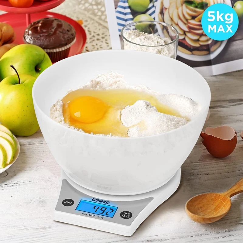 Duronic KS6000 WH/WH Bilancia da cucina - Bilancia ad alta precisione con display LCD retro illuminato - Portata 1g / 5 kg con ciotola bianca da 2L - Piattaforma bianca - Funzione Tara