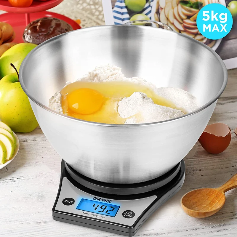 Duronic KS6000 BK/SS Bilancia da cucina - Bilancia ad alta precisione con display LCD retro illuminato - Portata 1g / 5 kg con ciotola in acciaio INOX da 2,5L - Piattaforma nera - Funzione Tara