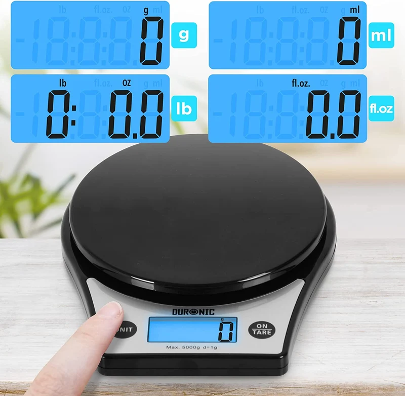 Duronic KS6000 BK/SS Bilancia da cucina - Bilancia ad alta precisione con display LCD retro illuminato - Portata 1g / 5 kg con ciotola in acciaio INOX da 2,5L - Piattaforma nera - Funzione Tara