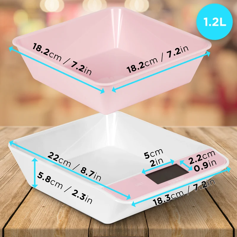 Duronic KS100 PK Bilancia da cucina - Bilancia ad alta precisione con display digitale retroilluminato - Portata 1g / 5 kg - Bilancia con ciotola integrata rosa da 1,2L - Funzione Tara