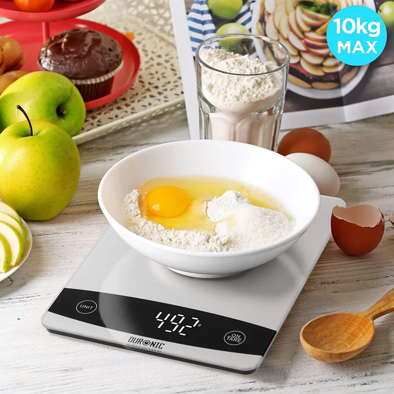 Duronic KS1009 Bilancia da cucina - Bilancia ad alta precisione con display digitale - Portata 1g / 10 kg - Piattaforma in vetro - Funzione Tara - Ideale per cucina e pasticceria