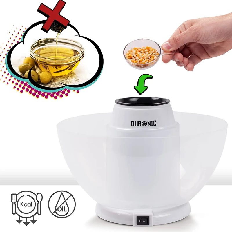 Duronic POP50 WE Macchina per Popcorn ad aria calda bianca  Capacità di 50 g con ciotola rimovibile  Senza grassi o oli  Pop-corn senza olio  Basso contenuto calorico