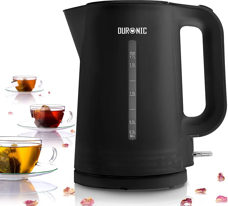 Duronic EK17 BK Bollitore acqua elettrico 2200W | Capacità 1,7 L | Spegnimento automatico | Base rotazione 360° | Filtro anticalcare | Bolli acqua nero | Per Acqua Tè Tisane Caffè | Compatto