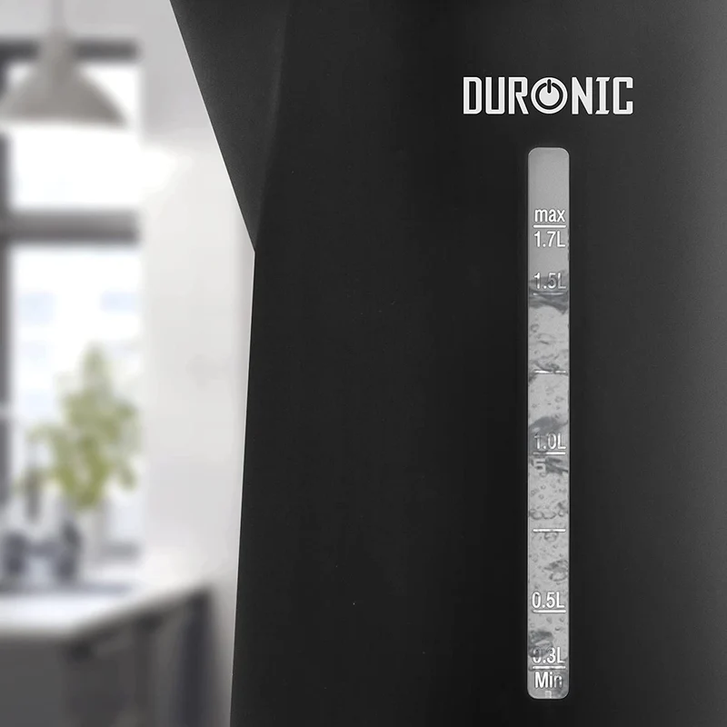 Duronic EK17 BK Bollitore acqua elettrico 2200W | Capacità 1,7 L | Spegnimento automatico | Base rotazione 360° | Filtro anticalcare | Bolli acqua nero | Per Acqua Tè Tisane Caffè | Compatto