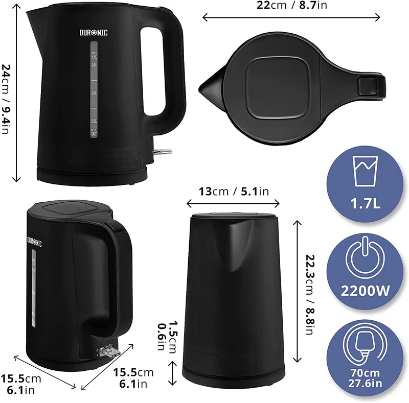 Duronic EK17 BK Bollitore acqua elettrico 2200W | Capacità 1,7 L | Spegnimento automatico | Base rotazione 360° | Filtro anticalcare | Bolli acqua nero | Per Acqua Tè Tisane Caffè | Compatto