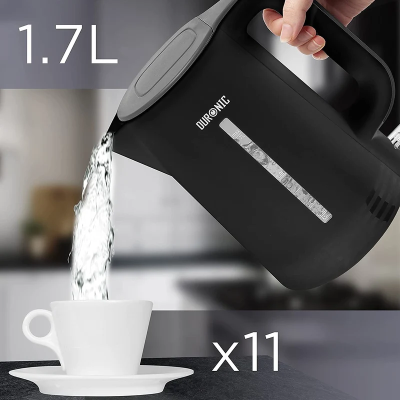 Duronic EK17 BK Bollitore acqua elettrico 2200W | Capacità 1,7 L | Spegnimento automatico | Base rotazione 360° | Filtro anticalcare | Bolli acqua nero | Per Acqua Tè Tisane Caffè | Compatto