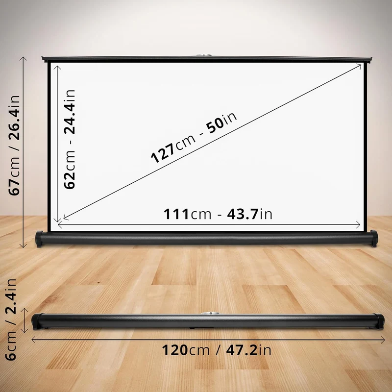 Duronic DPS50 /169 Schermo di proiezione 50 formato 16:9/111 x 62 cm Telo proiettore da tavolo per interni/esterni Full HD 3D 4K - Home cinema home theater ufficio| Montabile a parete o a soffitto
