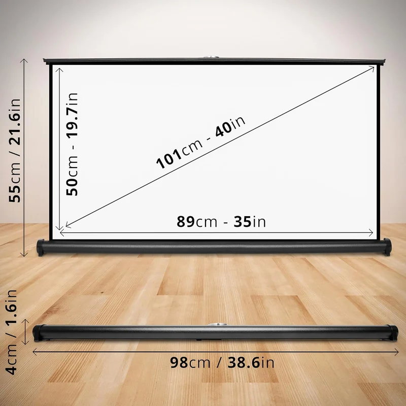 Duronic DPS40 /169 Schermo di proiezione 40 formato 16:9/89 x 50 cm Telo proiettore da tavolo per interni/esterni Full HD 3D 4K - Home cinema home theater ufficio| Montabile a parete o a soffitto
