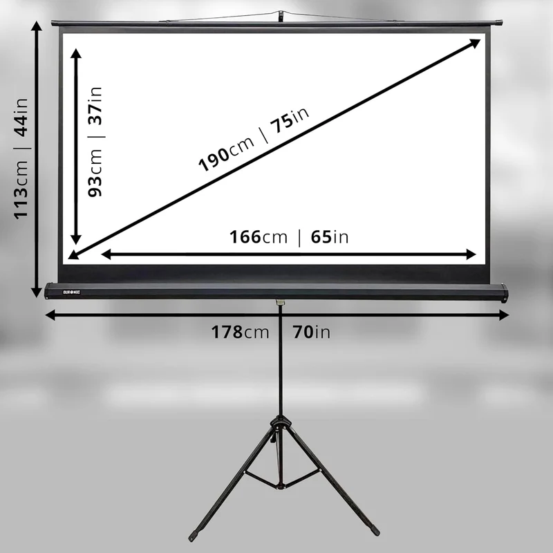 Duronic TPS75 16/9 schermo di proiezione opaco, per case, uffici, scuole, teatri e cinema, con treppiede| Schermo da 75  area proiettata 166 x 93| Montabile a parete o a soffitto