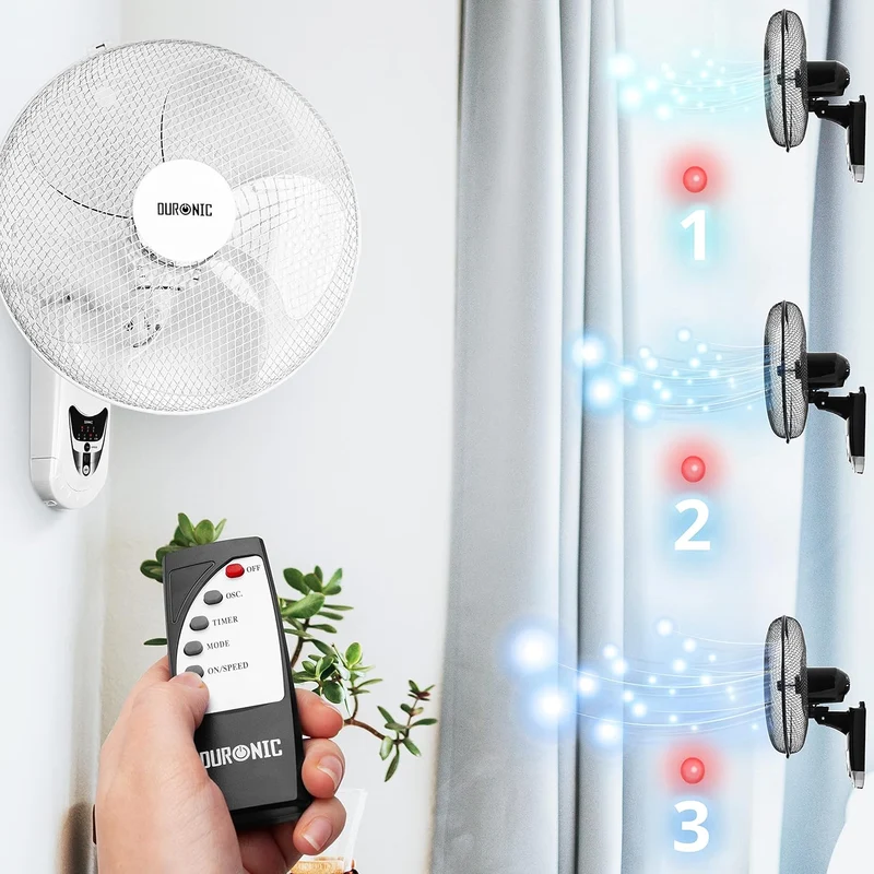 Duronic FN55 WE Ventilatore da Parete Silenzioso con Telecomando, Ventilatore Oscillante a Muro 3 Velocità, Timer, Montaggio Facile, Ventola Potente e Salvaspazio per Casa o Ufficio, Nero