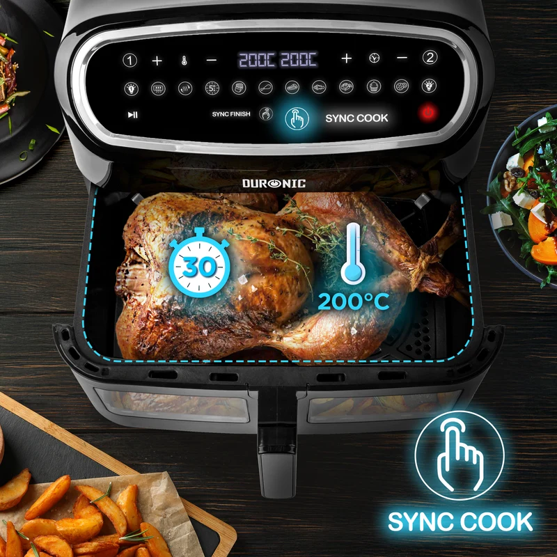Duronic AF34 BK Friggitrice ad Aria XXL, Air Fryer 2400W Compatta, 2 cestelli da 5L e 1 Cestello da 10L, Friggitrice senza olio 10 in 1, Friggitrice ad aria calda con finestra di controllo