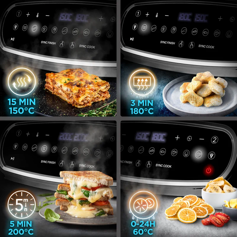 Duronic AF34 BK Friggitrice ad Aria XXL, Air Fryer 2400W Compatta, 2 cestelli da 5L e 1 Cestello da 10L, Friggitrice senza olio 10 in 1, Friggitrice ad aria calda con finestra di controllo