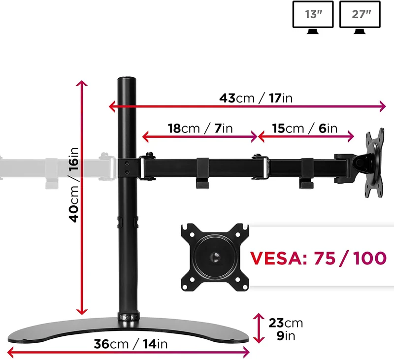 Duronic DM15D2 BK Supporto monitor da scrivania  Supporto con piedistallo per 2 monitor 13-27  Altezza regolabile  Adatto a monitor fino a 8 kg - VESA 75/100
