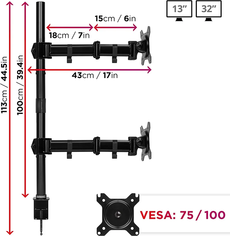 Duronic DMT252VX2 BK Supporto da scrivania per monitor 13"-32" | Per 2 schermi fino a 8kg | Altezza regolabile | Staffa da 100 cm | Inclinazione +90°/-35°, rotazione 180°, rotazione 360°| VESA 75/100