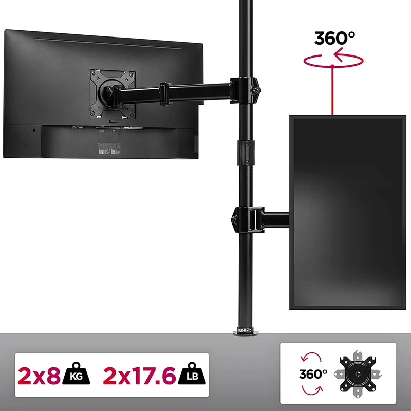 Duronic DMT252VX2 BK Supporto da scrivania per monitor 13"-32" | Per 2 schermi fino a 8kg | Altezza regolabile | Staffa da 100 cm | Inclinazione +90°/-35°, rotazione 180°, rotazione 360°| VESA 75/100