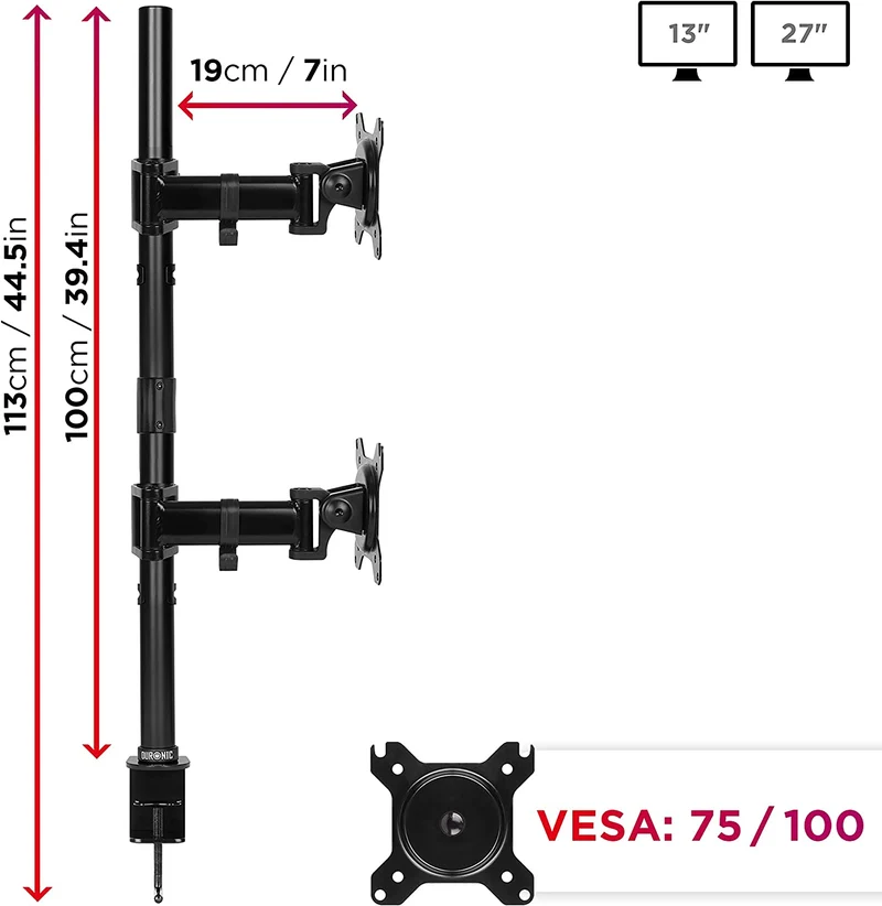 Duronic DMT252VX1 BK Supporto Monitor doppio per 2 schermi da 13-32 pollici, Braccio monitor PC ergonomico fino 8kg, VESA 75/100, regolabile altezza inclinazione girevole, per ufficio casa, nero