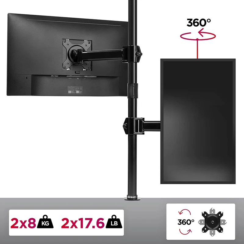 Duronic DMT252VX1 BK Supporto Monitor doppio per 2 schermi da 13-32 pollici, Braccio monitor PC ergonomico fino 8kg, VESA 75/100, regolabile altezza inclinazione girevole, per ufficio casa, nero