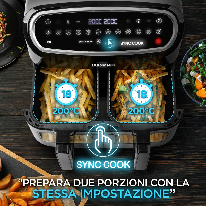 Duronic AF24 Friggitrice ad Aria XXL, Air Fryer 2400W Compatta, 2 cestelli 5L, Friggitrice senza olio 10in1, Friggitrice ad aria calda con finestra di controllo, Per patatine fritte, polpette, pesce