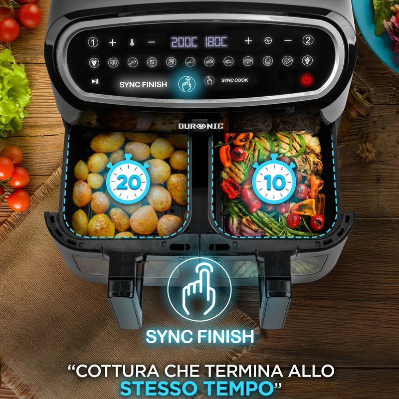 Duronic AF24 Friggitrice ad Aria XXL, Air Fryer 2400W Compatta, 2 cestelli 5L, Friggitrice senza olio 10in1, Friggitrice ad aria calda con finestra di controllo, Per patatine fritte, polpette, pesce