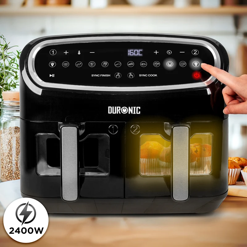Duronic AF24 Friggitrice ad Aria XXL, Air Fryer 2400W Compatta, 2 cestelli 5L, Friggitrice senza olio 10in1, Friggitrice ad aria calda con finestra di controllo, Per patatine fritte, polpette, pesce