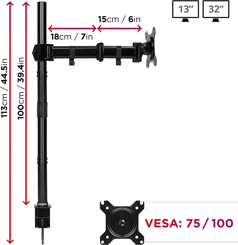 Duronic DMT251X3 BK Supporto da scrivania per monitor 13"-32" | Per 1 schermo fino a 8kg | Altezza regolabile | Staffa da 100 cm | Inclinazione +90°/-35°, rotazione 180°, rotazione 360°| VESA 75/100