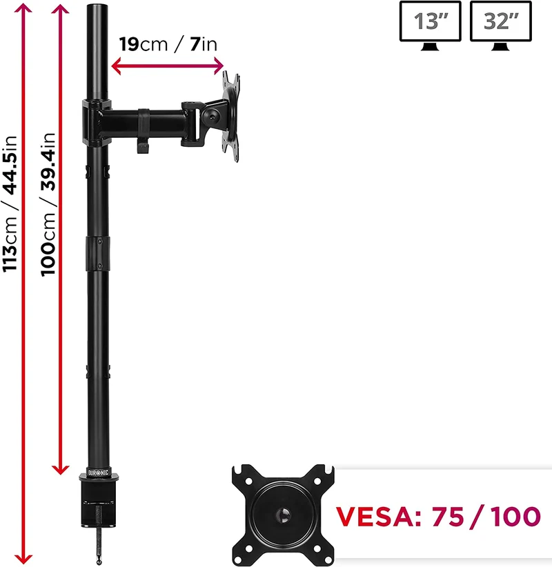Duronic DMT251X2 BK Supporto da scrivania per monitor 13"-32" | Per 2 schermi fino a 8kg | Altezza regolabile | Staffa da 100 cm | Inclinazione +90°/-35°, rotazione 180°, rotazione 360°| VESA 75/100
