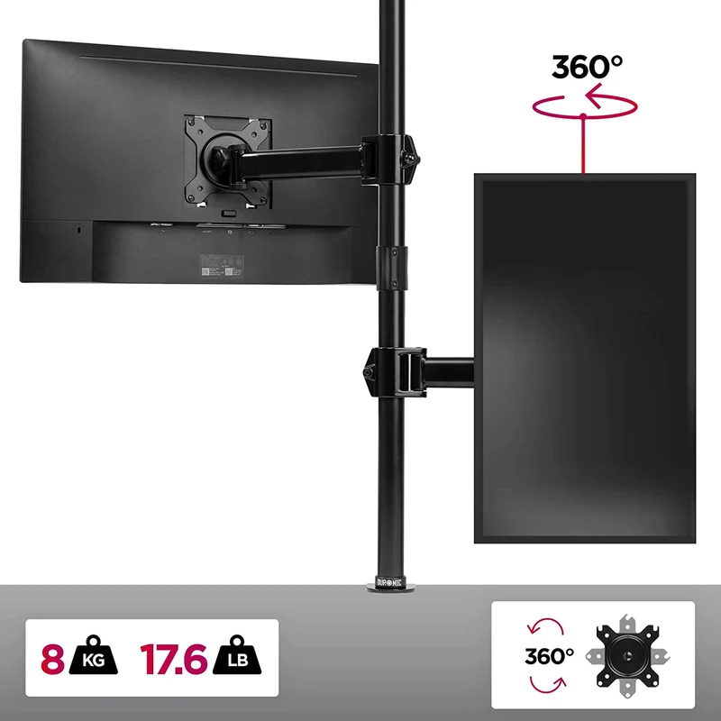 Duronic DMT251X2 BK Supporto da scrivania per monitor 13"-32" | Per 2 schermi fino a 8kg | Altezza regolabile | Staffa da 100 cm | Inclinazione +90°/-35°, rotazione 180°, rotazione 360°| VESA 75/100