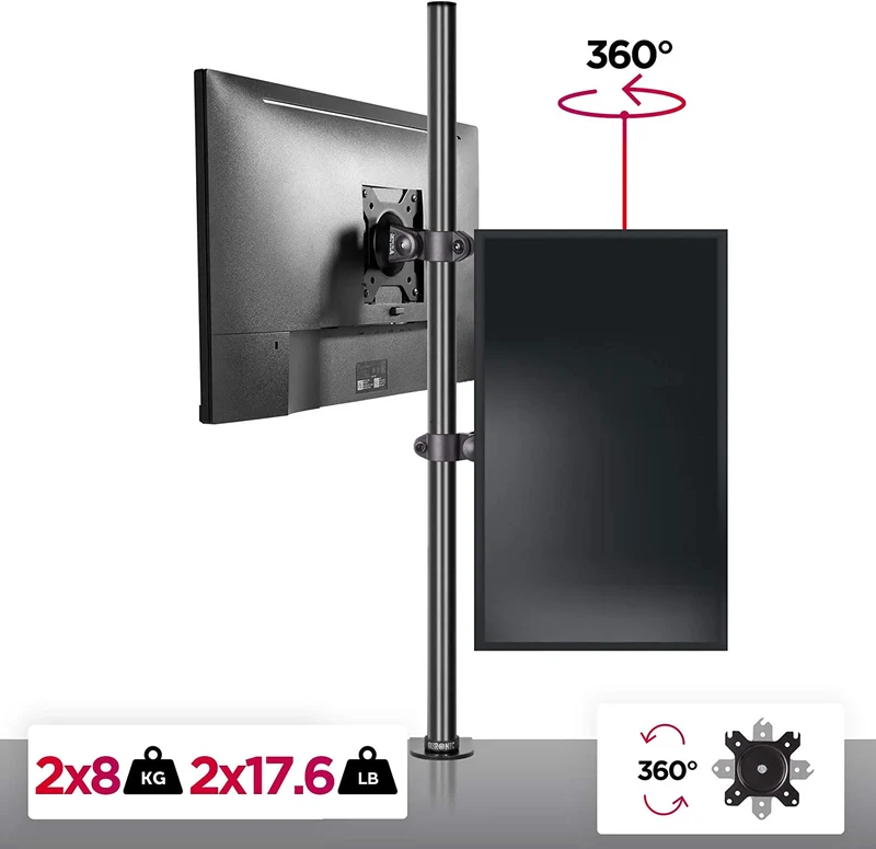Duronic DM15V2 BK Supporto Monitor doppio per 2 schermi da 13-32 pollici, Braccio monitor PC ergonomico fino 8kg, VESA 75/100, regolabile altezza inclinazione girevole, per ufficio casa scuola, nero