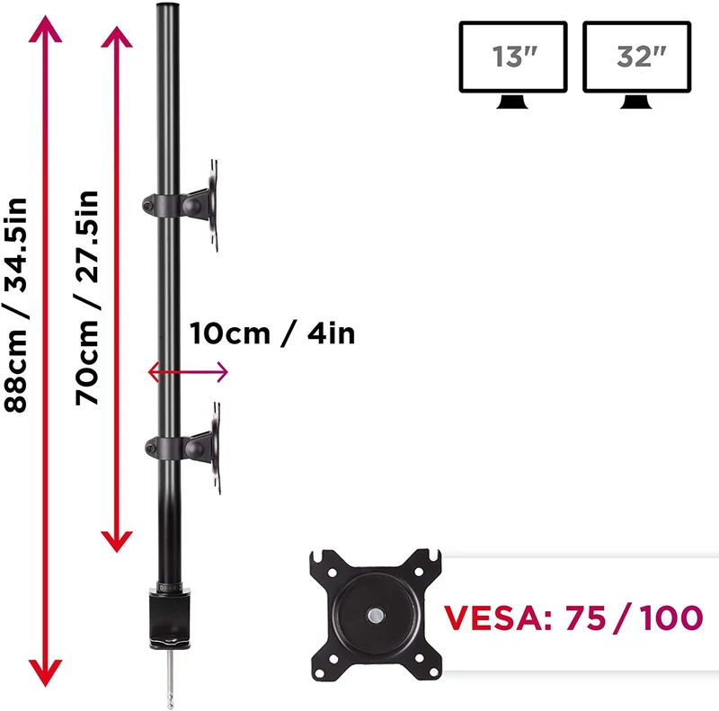 Duronic DM15V2 BK Supporto Monitor doppio per 2 schermi da 13-32 pollici, Braccio monitor PC ergonomico fino 8kg, VESA 75/100, regolabile altezza inclinazione girevole, per ufficio casa scuola, nero