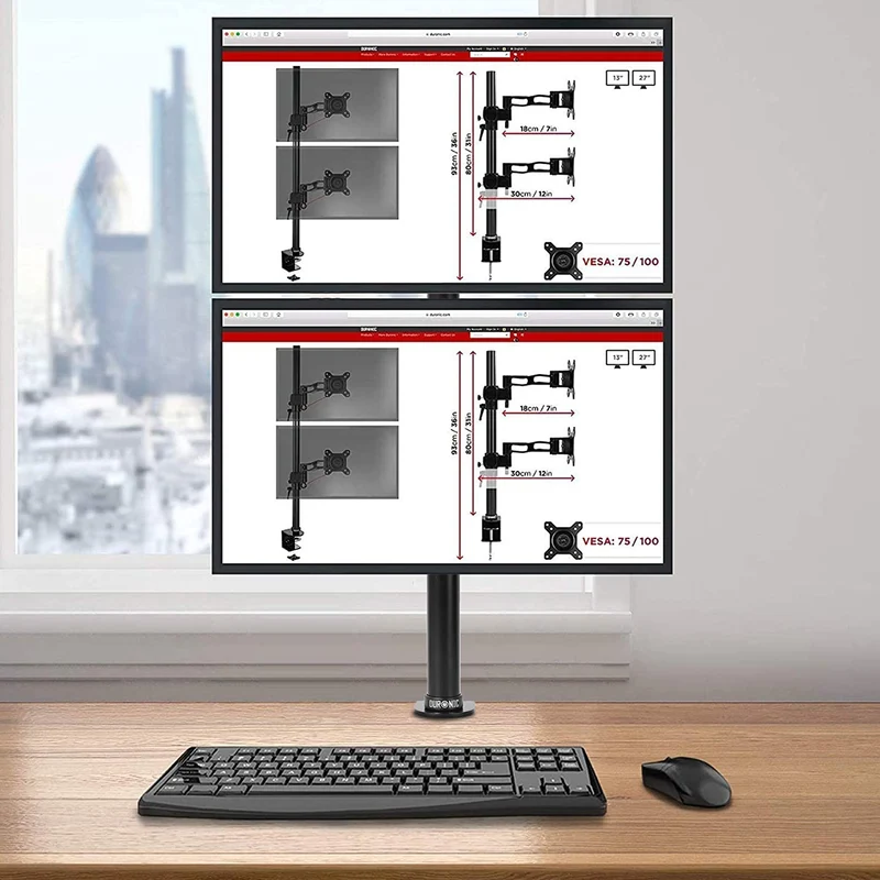 Duronic DM15V2 BK Supporto Monitor doppio per 2 schermi da 13-32 pollici, Braccio monitor PC ergonomico fino 8kg, VESA 75/100, regolabile altezza inclinazione girevole, per ufficio casa scuola, nero