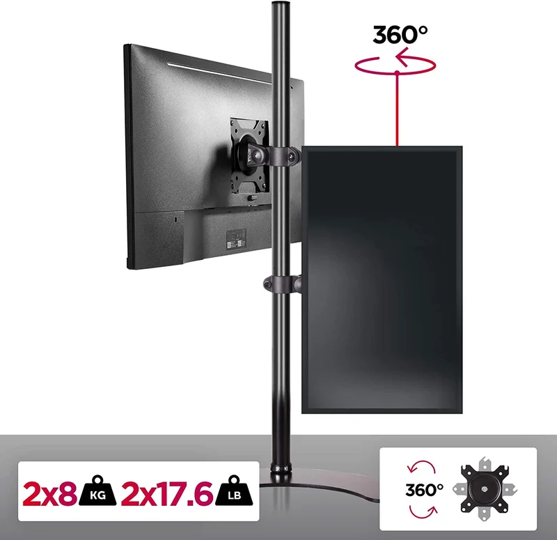 Duronic DM15D2V2 BK Doppio supporto monitor con base dappoggio | 2 schermi 13-32 | Altezza regolabile | Capacità 8 kg | VESA 75/100