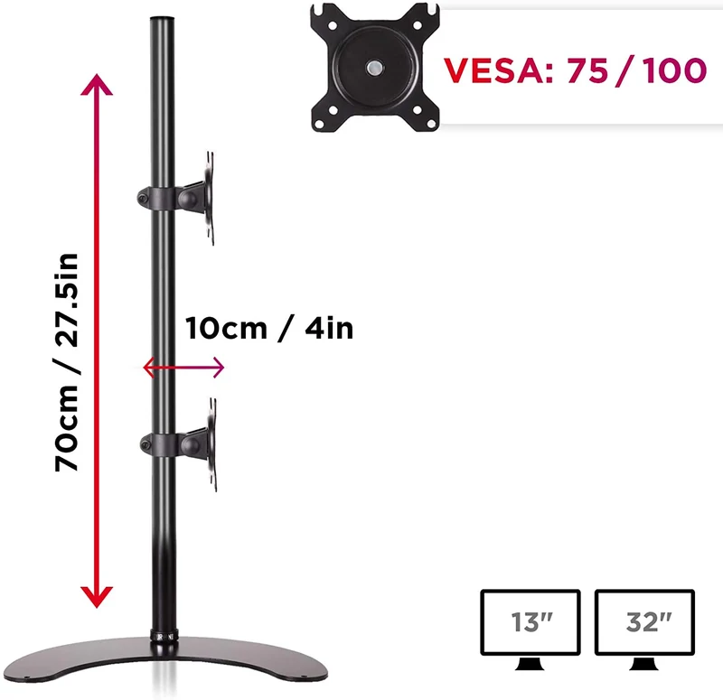 Duronic DM15D2V2 BK Doppio supporto monitor con base dappoggio | 2 schermi 13-32 | Altezza regolabile | Capacità 8 kg | VESA 75/100