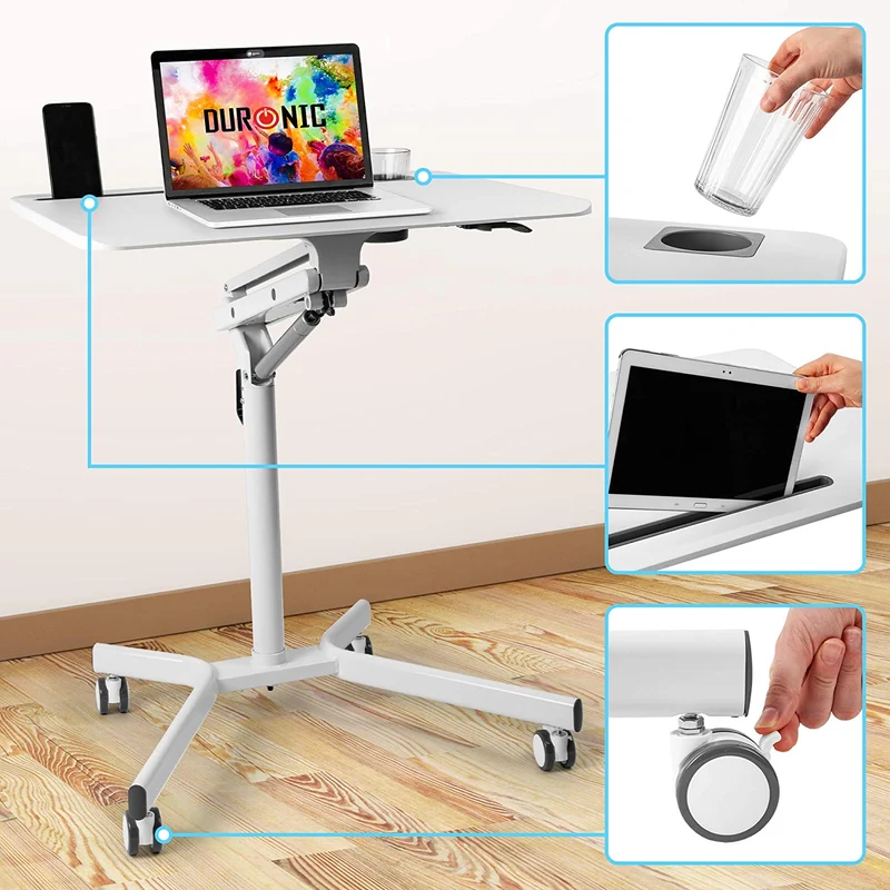 Duronic WPS57 Supporto proiettore e scrivania ergonomica | Altezza regolabile | Piattaforma 70x52 cm | Capacità 10 kg | Tavolo multiuso su ruote | Scrivania con portabicchieri e supporto per tablet