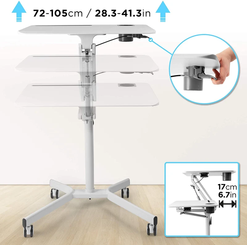 Duronic WPS57 Supporto proiettore e scrivania ergonomica | Altezza regolabile | Piattaforma 70x52 cm | Capacità 10 kg | Tavolo multiuso su ruote | Scrivania con portabicchieri e supporto per tablet