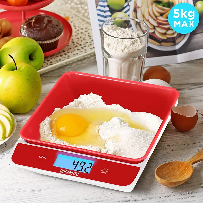 Duronic KS100 RD Bilancia da cucina - Bilancia ad alta precisione con display digitale retroilluminato - Portata 1g / 5 kg - Bilancia con ciotola integrata nera da 1,2L - Funzione Tara
