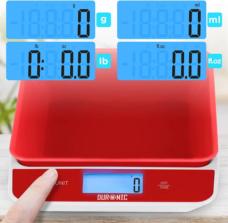 Duronic KS100 RD Bilancia da cucina - Bilancia ad alta precisione con display digitale retroilluminato - Portata 1g / 5 kg - Bilancia con ciotola integrata nera da 1,2L - Funzione Tara