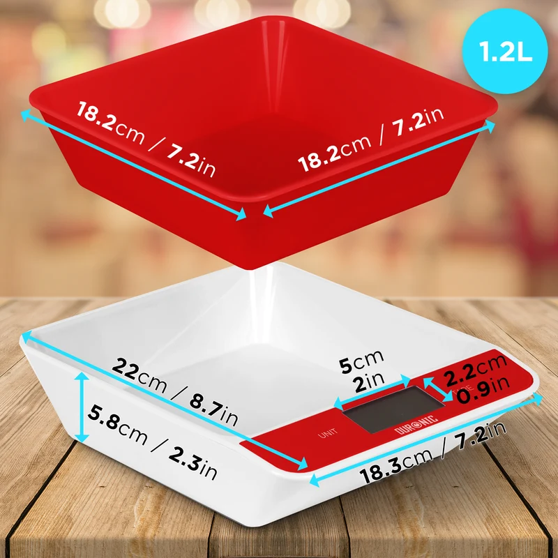 Duronic KS100 RD Bilancia da cucina - Bilancia ad alta precisione con display digitale retroilluminato - Portata 1g / 5 kg - Bilancia con ciotola integrata nera da 1,2L - Funzione Tara