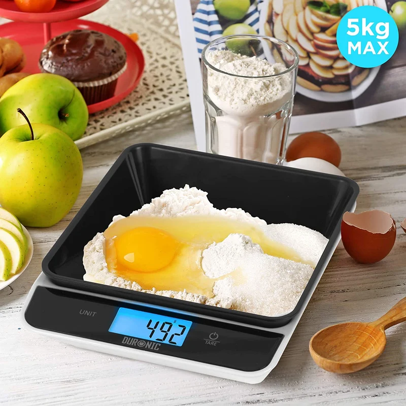 Duronic KS100 BK Bilancia da cucina - Bilancia ad alta precisione con display digitale retroilluminato - Portata 1g / 5 kg - Bilancia con ciotola integrata nera da 1,2L - Funzione Tara