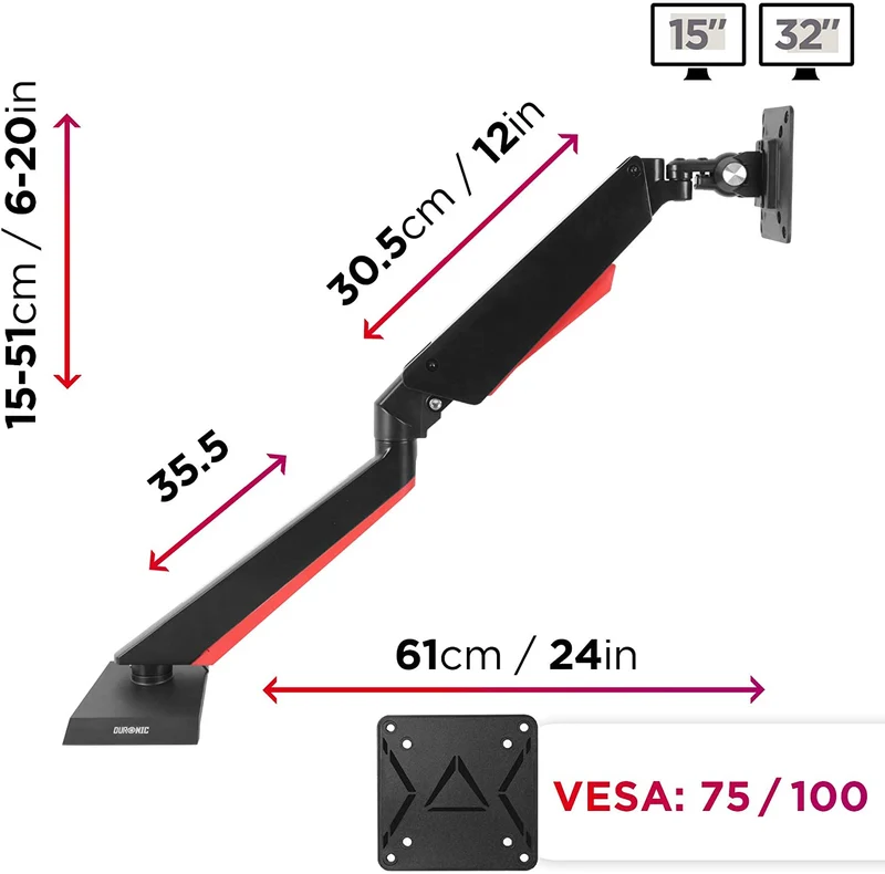 Duronic DMGM5X1 Supporto Monitor | Supporto da scrivania con luci LED Rosse Integrate | Altezza Regolabile e orientabile | per Monitor da 15-32 | capacità 8 kg | VESA 75/100
