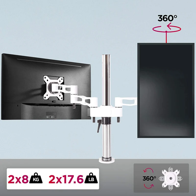 Duronic DM352 WE Braccio per 2 monitor da 13 a 27 pollici | Supporto schermi doppio | Inclinazione e altezza regolabile | VESA 75 100 | Supporto monitor ergonomico doppio articolato per PC bianco